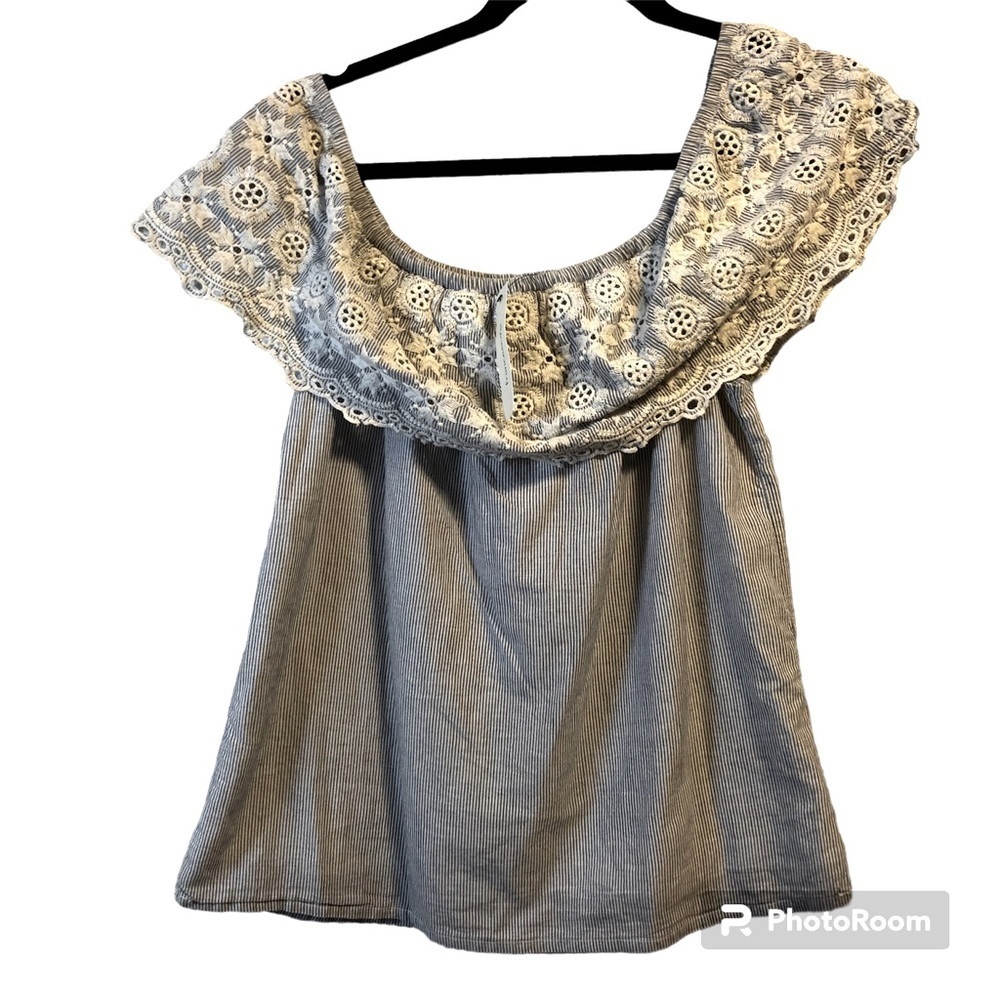 Blue Rain francescas top crochet XS on off shoulders blue white striped cotton